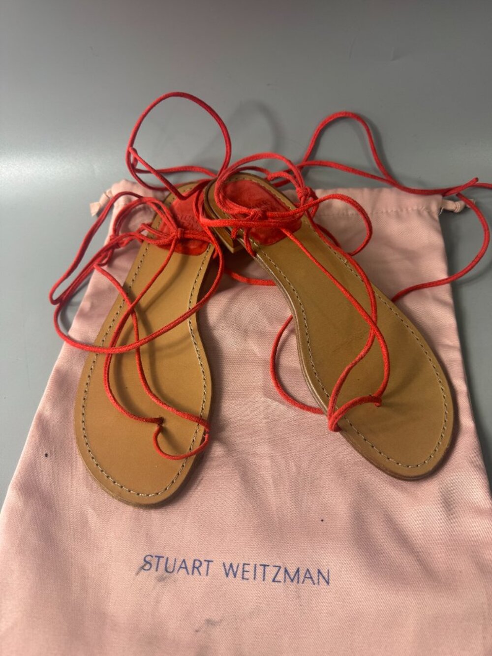 STUART WEITZMAN NIETA LACE UP FLAT SANDALS PIMENTO ORANGE NIB SIZE 7 1/2